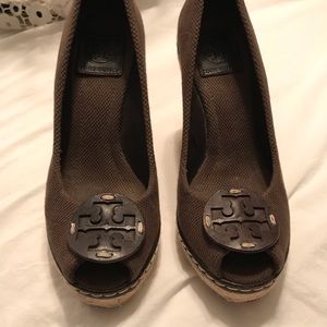Brown Tory Burch platform espadrilles.